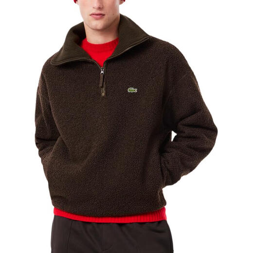 LACOSTE French crocodile loose shoulder half-zip lapel sherpa fleece pullover sweatshirt men's SKB/chocolate color one size 4