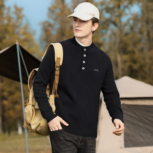 JEEP heavy henley collar sweater autumn new classic old money style diamond pattern long-sleeved sweater for men black M
