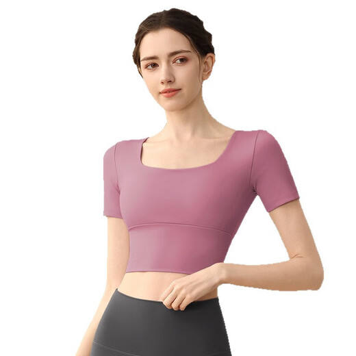 Yoga wear with chest pad for women, fashionable running sports top, short-sleeved fixed cup, Pilates training fitness wear, bean paste purple XL