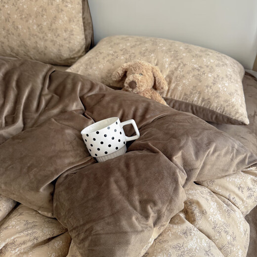 Yalu double-layer gauze washed cotton plus velvet bed four-piece set autumn and winter milk velvet quilt cover sheet bedding three-piece set Zhiqiu A side double layer gauze B side baby velvet 1.8m bed sheet style four-piece set (quilt cover 200*230cm)