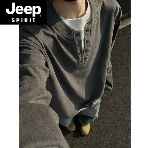 JEEP SPIRIT fake two-piece Henry collar German velvet bottoming shirt men's winter plus velvet thickened sweatshirt autumn and winter 300g heavyweight long-sleeved T-shirt dark gray M