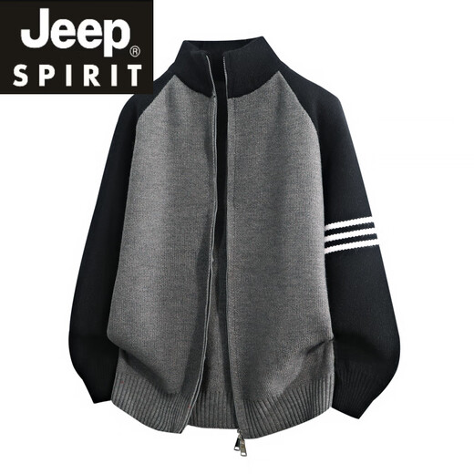 JEEP SPIRIT Jeep Henry Collar Woolen Cardigan Men's Autumn and Winter Contrast Color Splicing Casual Jacket 2025 New Knitted Wool Clothes Gray M