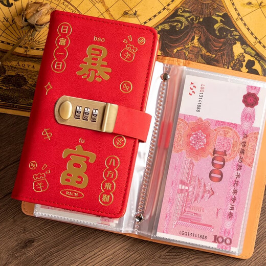 2025 New Internet Celebrity Get Rich Cash Money Book Password Lock Money Book 20,000 Large Capacity Wallet Card Case Card Bag China Red