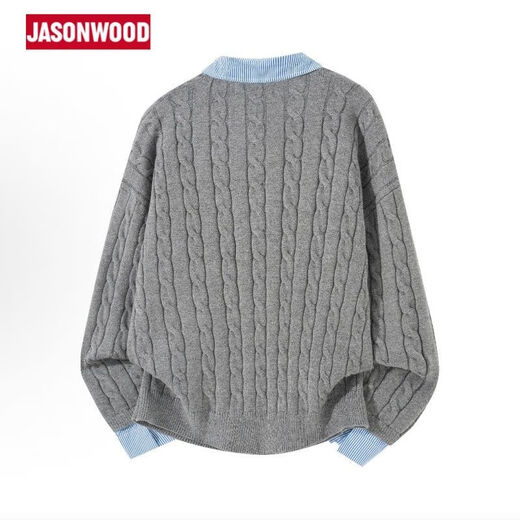JASONWOOD American retro old money style sweater men's autumn and winter Henry collar POLO shirt fake two-piece sweater Gray M 160-165CM 90-105Jin Jin equals 0.5 kg