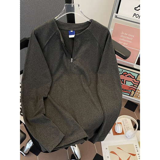 Jingyan Selects Spring and Autumn Henley Collar Sweatshirt Men's Loose Half-Zip Long Sleeve T-Shirt Trbottomyy American High White One Size M