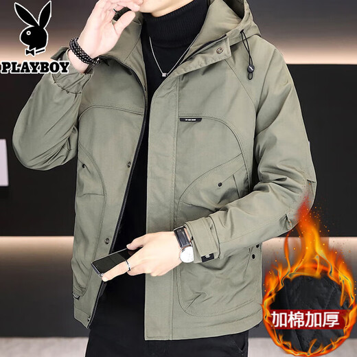 Playboy (PLAYBOY) high-end hooded jacket men's trendy, handsome and versatile cotton-padded jacket work jacket men's simple cotton jacket 7932 green cotton thickened XL (recommended 120-140Jin Jin equals 0.5 kg)