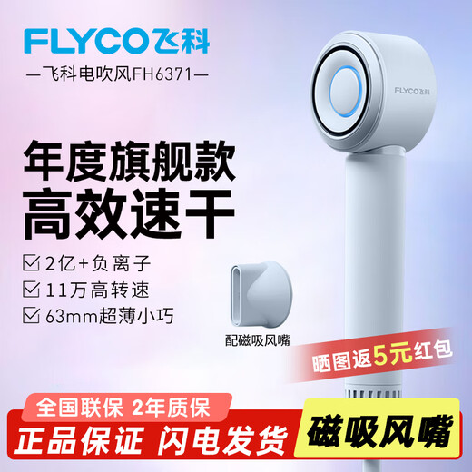 FLYCO high-speed hair dryer for home dormitory, portable noise reduction, hair care, strong wind, holiday birthday gift for girlfriend and wife, hair dryer with intelligent temperature control FH6371, exclusive flagship hair dryer 6371 gray, magnetic air nozzle + gift bag