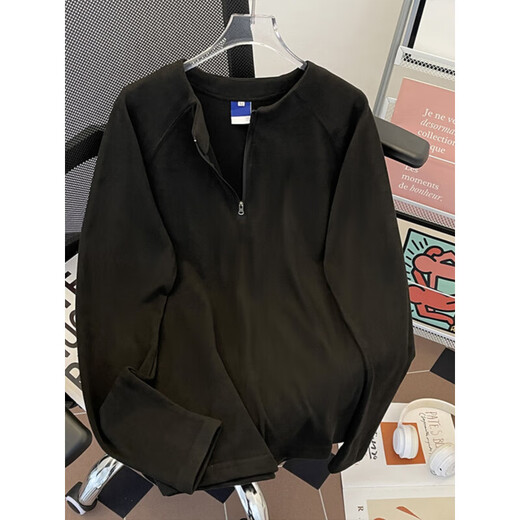 Jingyan Selects Spring and Autumn Henley Collar Sweatshirt Men's Loose Half-Zip Long Sleeve T-Shirt Trbottomyy American High White One Size M