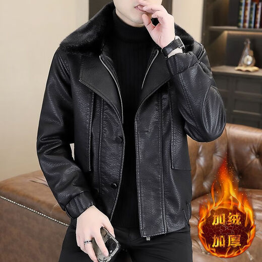 ARMANI EXCHANGE Armani winter double-layer collar fake two-piece velvet men's leather jacket this year's trend pu washed leather jacket 98869 black velvet L about 90-110Jin Jin equals 0.5 kg