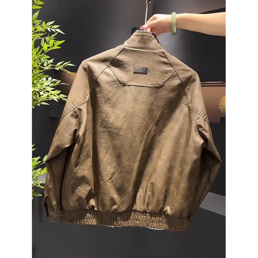 Yimeimei autumn and winter velvet American retro micro-wide leather jacket men's trendy street stand-up collar motorcycle jacket brown 2XL recommended 160-180Jin Jin equals 0.5 kg