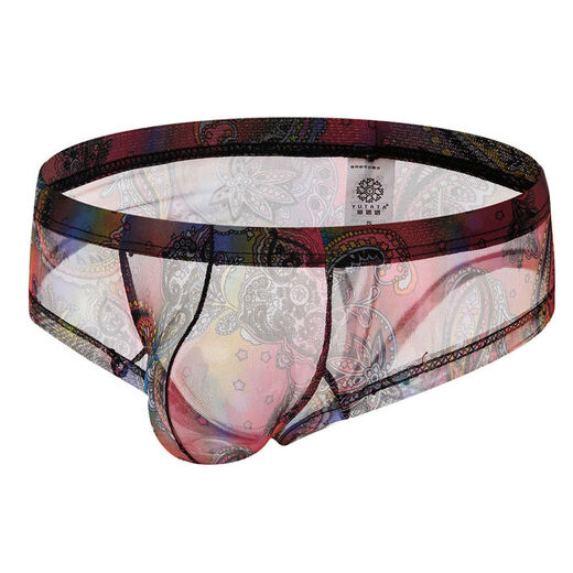 2 pieces of men's printed large pouch sexy boxer briefs U convex transparent mesh thong half hip coverage sports narrow hips Royal blue one size large S2-2 points 3 feet