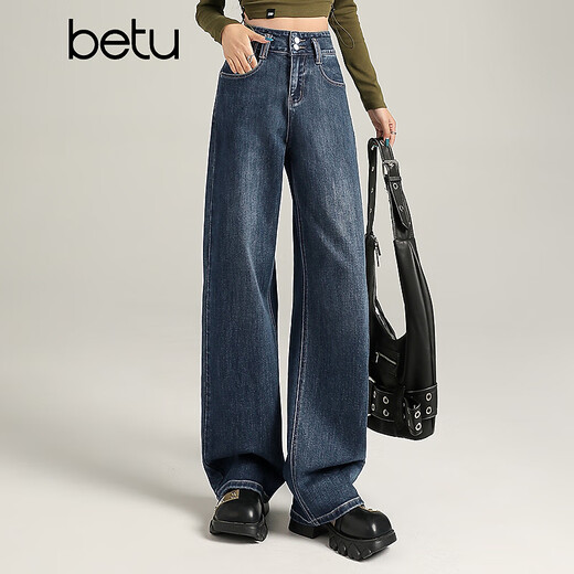 Betu women's 2025 winter new jeans composite velvet lining high waist slim wide leg pants for women 2511X03 denim color S