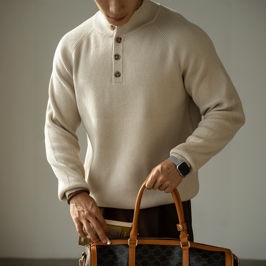 Kazuki Kuraishi KAZUKI KURAISHI old money style Henry collar sweater for men 2025 autumn and winter new skin-friendly warm wicker raglan casual sweater Yami Apricot XL (180/100A)