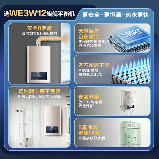 Vanward 15% national subsidy balanced gas water heater can be installed in the bathroom to actively prevent CO poisoning. Household ECO energy saving JSG24-WE3W12/W13 12L liquefied gas - dedicated to bathroom. Can be installed in the bathroom. Anti-CO + comes with anti-electricity wall.