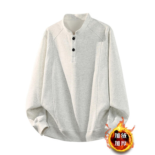 Rouard plus velvet right shoulder Henry collar POLO shirt deconstructed splicing sweatshirt for men winter American cleanfit inner layering shirt white gray plus velvet style XL