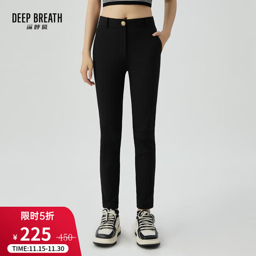 Take a deep breath DEEP BREATH women's metal buckle four-sided elastic slim fit nine-point small feet formal suit pants for women 8100058 black L (size 4)