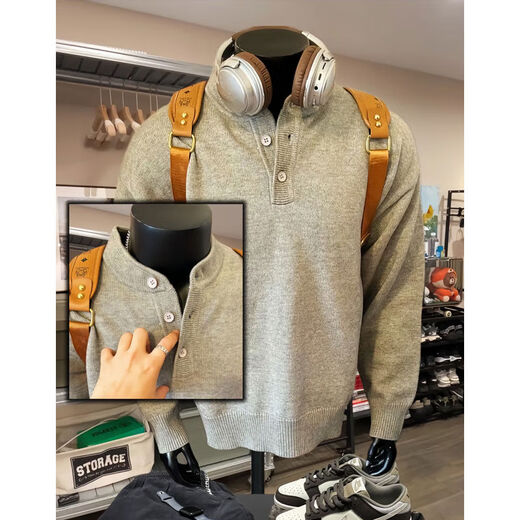 Gray American Henry collar knitted sweater for men in winter, lazy style cleanfit inner base sweater jacket, light gray M M95-115Jin Jin is equal to 0.5 kg