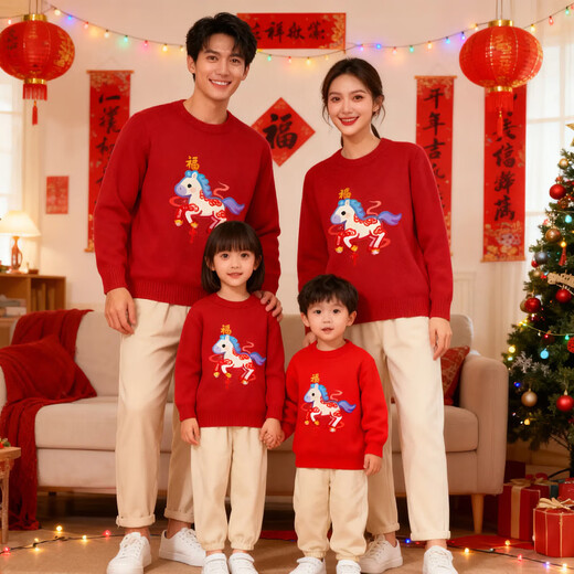 Mishide New Year of the Horse New Year parent-child outfit sweatshirt 26 New Year of the Horse parent-child outfit family of three and four pictures round neck printing thickened burgundy cm5 130
