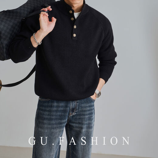 Wool blended GUFASHION autumn and winter wicker raglan henley collar sweater men's half turtleneck sweater black M M