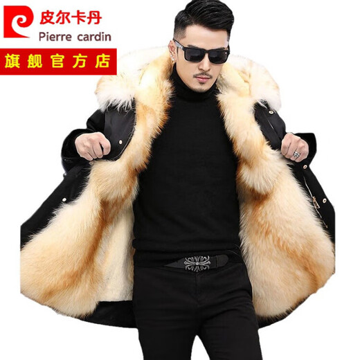 Pierre Cardin parka men's full mink lining spring and autumn new fur one-piece coat imitation mink velvet mid-length fur coat black + ginger lining 3XL