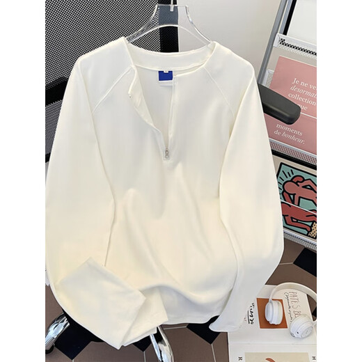 Jingyan Selects Spring and Autumn Henley Collar Sweatshirt Men's Loose Half-Zip Long Sleeve T-Shirt Trbottomyy American High White One Size M