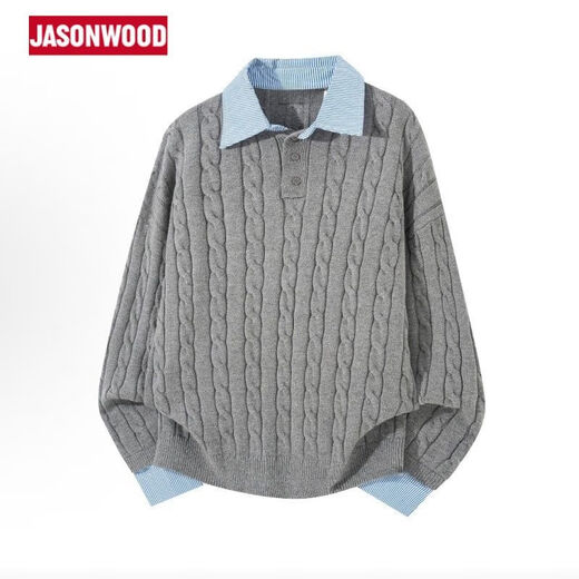 JASONWOOD American retro old money style sweater men's autumn and winter Henry collar POLO shirt fake two-piece sweater Gray M 160-165CM 90-105Jin Jin equals 0.5 kg