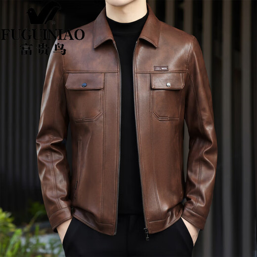 FUGUINIAO leather jacket men's 2025 autumn and winter new cotton warm motorcycle jacket casual leather jacket for men brown red L