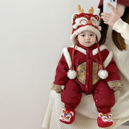 Disney (Disney) baby New Year's greetings winter jumpsuit female baby's 100th birthday celebration dress male BMW New Year's celebration new year clothing single red hat 36cm 66