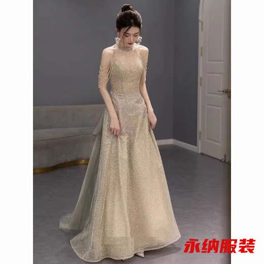 Mei Anjia champagne color evening dress women's new high-end niche art test host adult ceremony toast dress bride engagement dress champagne color 2XL
