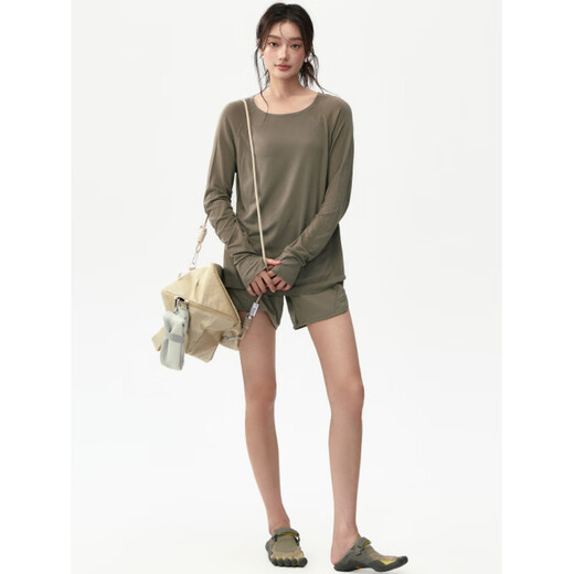 Sports long-sleeved women's quick-drying high-elastic slimming Pilates training clothes running fitness T-shirt yoga top autumn and winter khaki brown S