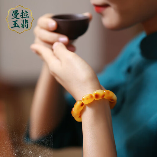 Manla Jade Pei Natural Beeswax Bracelet for Men and Women, Old Honey Chicken Oil Yellow Amber Shape Bracelet Raw Stone with Certificate No. 80 8.54g Bead Size Approximately 10*6mm 17 Shape Beads