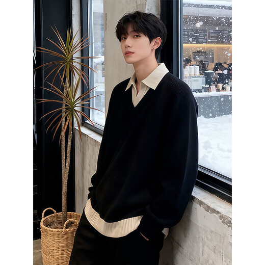 NYING fake two-piece Henry collar sweater for men in autumn and winter new trendy brand lapel sweater thickened warm inner base layer black XL (125-140Jin Jin equals 0.5kg)