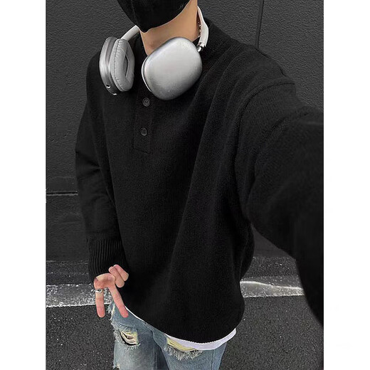 Jingsa American retro Henry collar sweater men's winter lazy style knitted bottoming shirt cleanfit warm inner top light gray XL