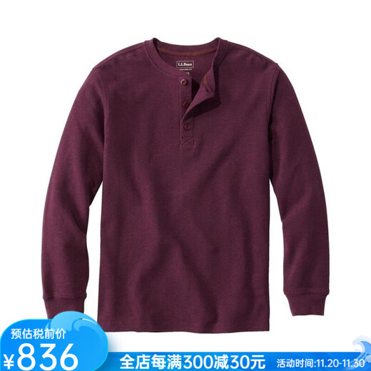 L.L.Bean men's T-shirt long-sleeved autumn and winter warm waffle henley shirt pure cotton soft casual versatile dad wear Deep Wine wine red L suitable for net bust 116-122cm