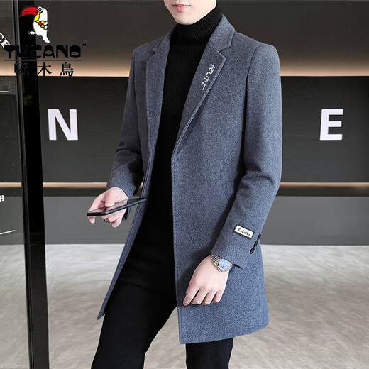 Woodpecker Wollwollmantel für Herren im koreanischen Stil, schmal, mittellang, Windjacke, Herbst und Winter, verdickte neue Wolljacke für Herren, Schwarz, 3XL (155 ~ 170 Jin Jin entspricht 0,5 kg)