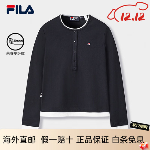 FILA long-sleeved T-shirt for women 2025 winter new color matching fake two-piece casual slim bottoming Henry shirt Legend Blue-NV Unisex S 160/80A