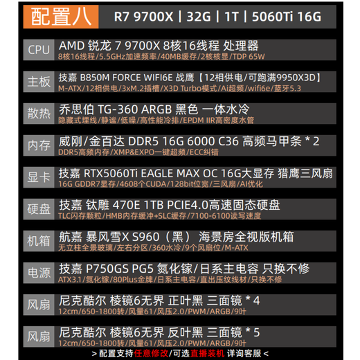 Gigabyte 5060Ti 16G large video memory/RX9060XT triple fan 7650GRE+AMD Ryzen 5 9600X e-sports game live broadcast design sea view room DIY desktop computer host eight R7 9700X丨5060Ti 16G Ultimate Edition