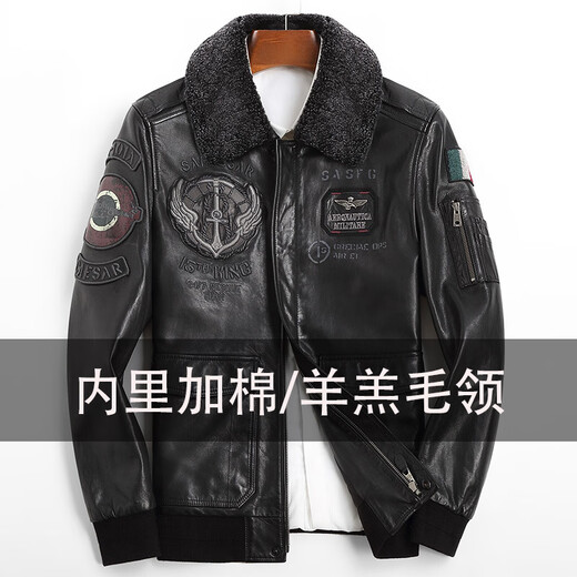ARMANI EXCHANGE Armani 2025 new sheep leather jacket men's motorcycle jacket lapel B6 air force flight embroidered leather jacket spring and autumn black silk cotton + lamb fur collar L 110-125Jin Jin equals 0.5 kg