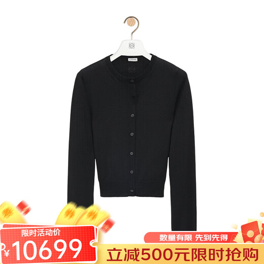 罗意威（LOEWE）女士黑色羊毛圆领前襟纽扣开合带刺绣开衫S540Y16K69-1100 L