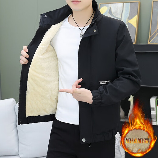 Semir winter men's stand-up collar jacket, trendy and versatile, casual workwear, velvet thickened jacket, handsome youth top, icon black, velvet M