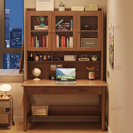 Guijiayuan all solid wood desk study table and chair desk bookcase integrated bookshelf living room desk computer bedroom writing table original white desk + back chair A length, width and height 120*60*195cm desktop thickness 2.2cm