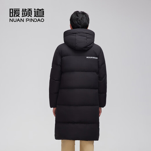 暖频道【商场同款】男士羽绒服90鸭绒长款加厚连帽休闲保暖冬外套828207 子夜黑 M (170) 适合120斤以下
