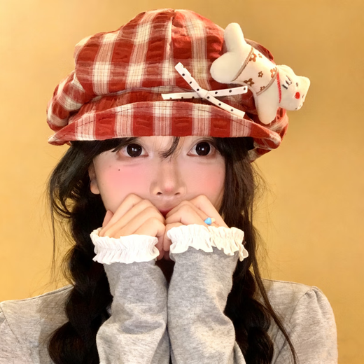 Fan Shengyu Japanese style plaid cat octagonal hat for women spring y2k style sweet and western style beret showing face little newsboy painter hat plaid kitten beret one size fits all 54-58cm
