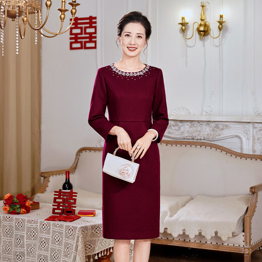 Fumini high-end light luxury wedding mother's wear wedding banquet dress temperament wool dress happy mother-in-law wedding banquet dress wedding dress winter dress purple XL