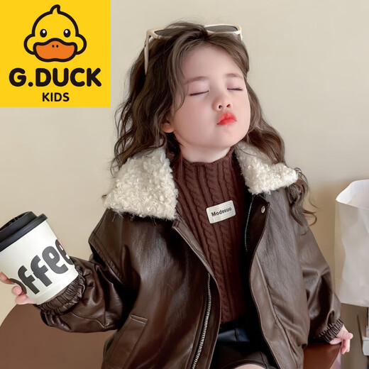 G.duck baby clothes for girls plus velvet leather jacket autumn and winter 2025 new style super good-looking children's early winter clothes for baby girls coffee color 90