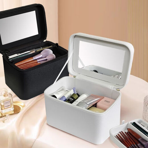 Cosmetic case with multifunctional capacity, simple and portable double-layered hand cosmetic bag, Internet celebrity cosmetics storage box with mirror, black cross pattern with partition mirror