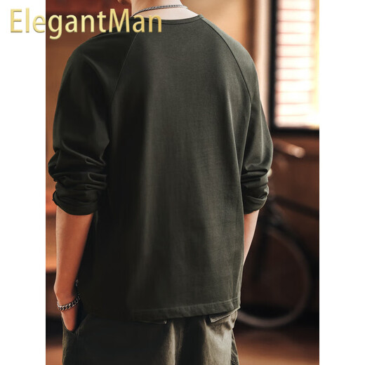 ElegantMan's beautiful retro tough guy Henry collar long-sleeved T-shirt men's autumn new loose cotton bottoming shirt top dark green M_Suitable for 110-130Jin Jin equals 0.5 kg