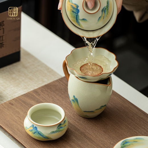 Zhenqi Ru Kiln Qianli Jiangshan Tea Filter Tea Leather Integrated Ceramic Tea Tea Separator Filter Tea Brewing Funnel Tea Water Separator Ru Kiln | Qianli Jiangshan | Tea Filter