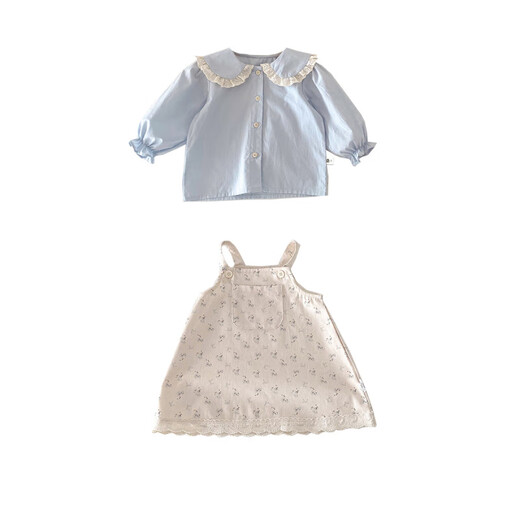 Baby girl autumn clothing 2025 new girl princess top summer suspender skirt suit Western style going out two-piece set light blue top + floral overalls_long-sleeved top + skirt 73 cm_recommended about 66-70cm__14-17Jin Jin equals 0.5 kg