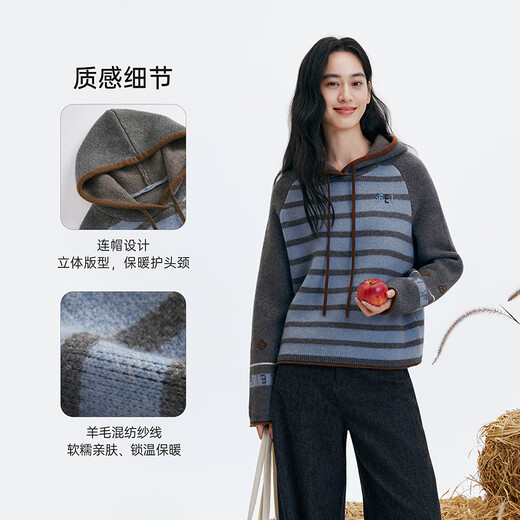 Birds and New Wine Spliced ​​Striped Colorful Gray Sweater Women's 2025 Winter New Slim Sweater Hoodie Striped Ash HNC02 Pre-sale November 28 S